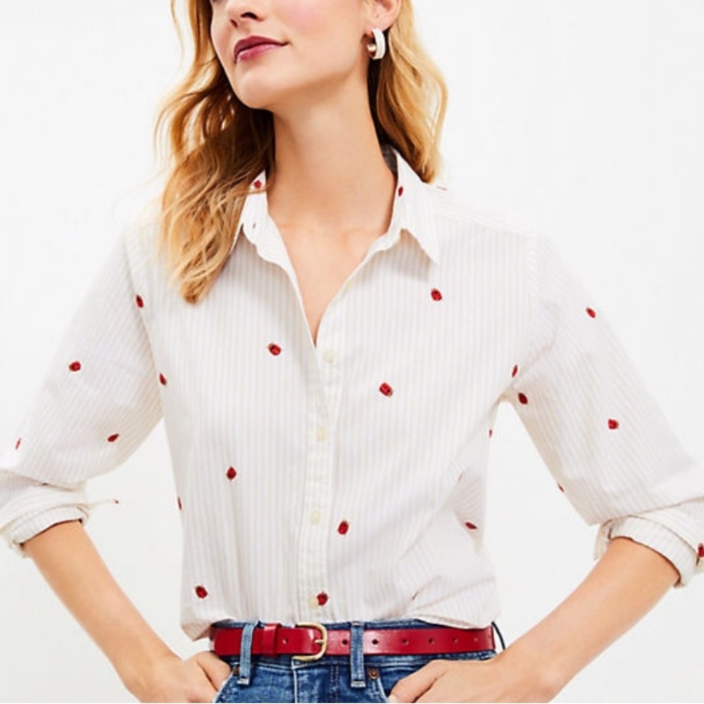 LOFT White Button Down Shirt with Red Embroidery